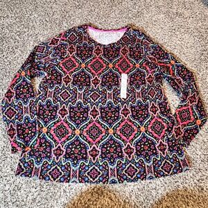 Croft & Barrow Womens 1X Classic Tee Long Sleeve Crewneck Medallion Print Cotton